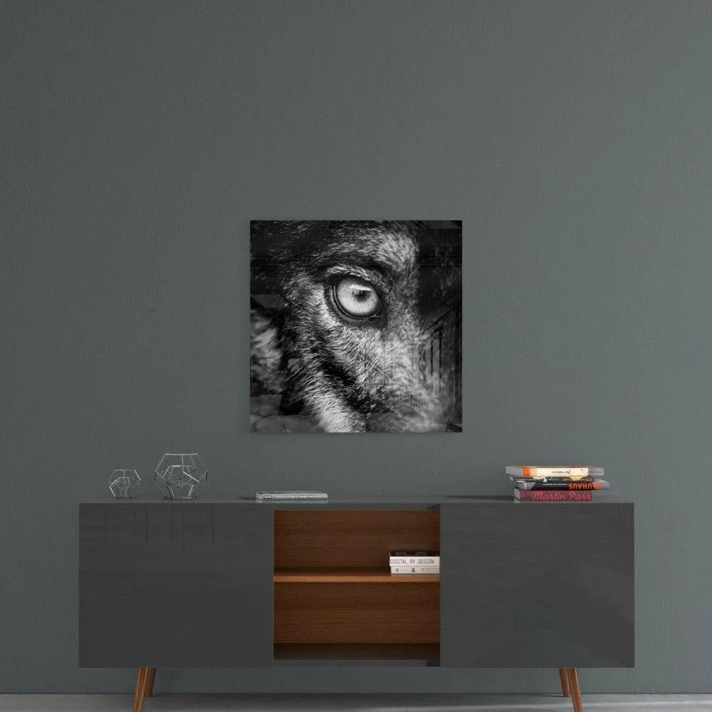 Intense wolf eye close-up on smoky abstract glass wall art