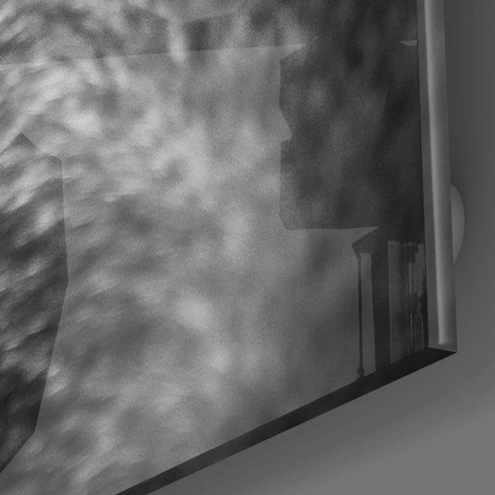 Stunning wolf eye glass wall art with smoky abstract black-and-white design