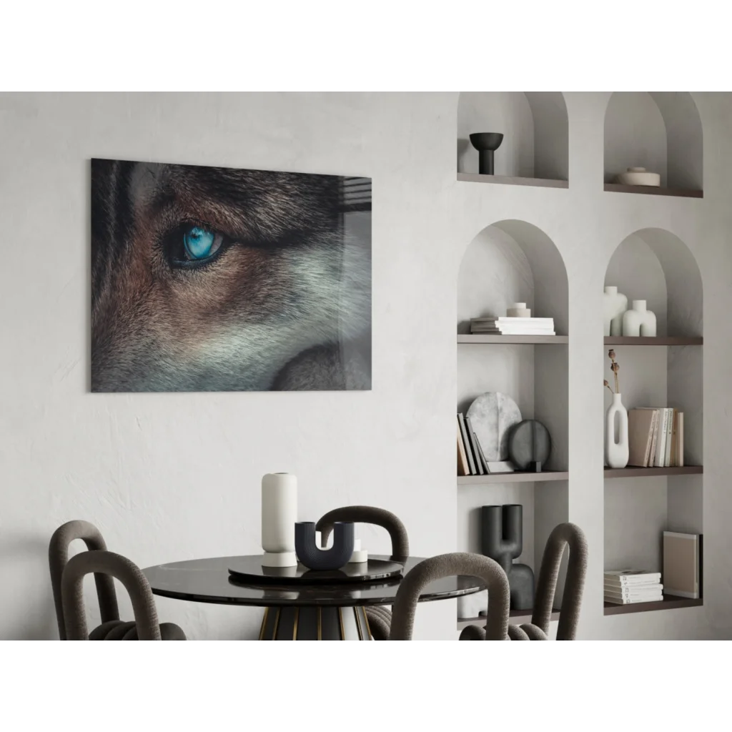 Striking blue wolf eye canvas wall art print close-up