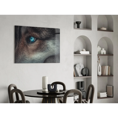 Striking blue wolf eye canvas wall art print close-up