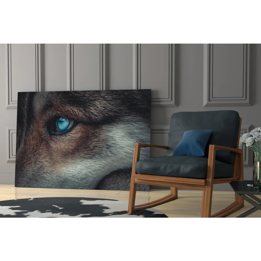 Piercing blue wolf eye canvas wall art print close-up