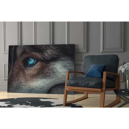 Piercing blue wolf eye canvas wall art print close-up