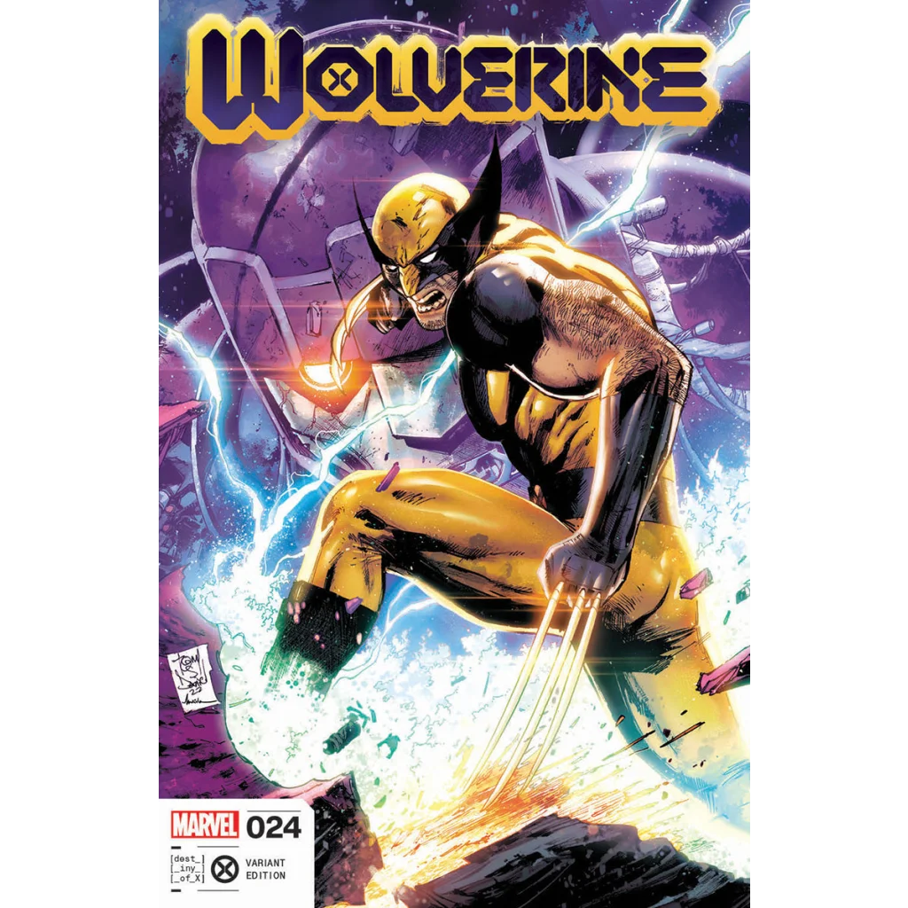 Wolverine comic cover with claws out, yellow and black suit, purple background, big robot