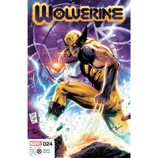 Wolverine comic cover with claws out, yellow and black suit, purple background, big robot