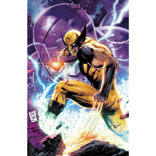 Wolverine in yellow and black costume with claws out battling purple robot in comic scene