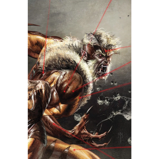 Comic book Sabretooth in yellow suit with red laser lines, fur collar, sharp claws and fangs