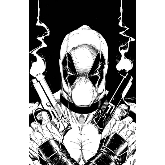Black and white comic style Deadpool with smoking pistols from Gene Luen Yang art