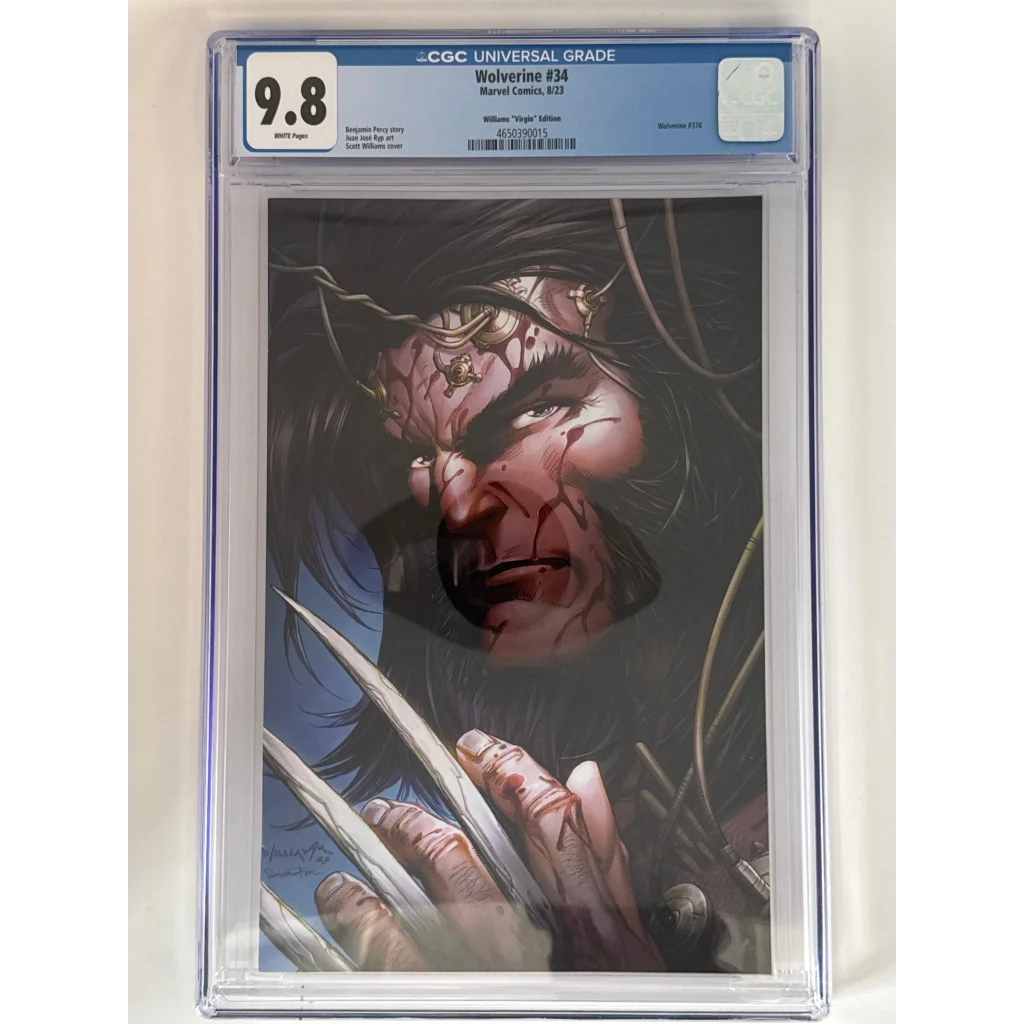 Graded Wolverine 34 CGC 9.8 blue label variant with intense, bloodied claws