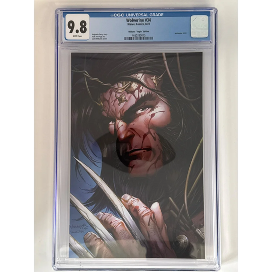 Graded Wolverine 34 CGC 9.8 blue label variant with intense, bloodied claws