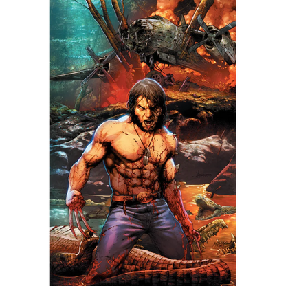 Muscular bloodied man with claws from knuckles wearing blue jeans and tooth necklace