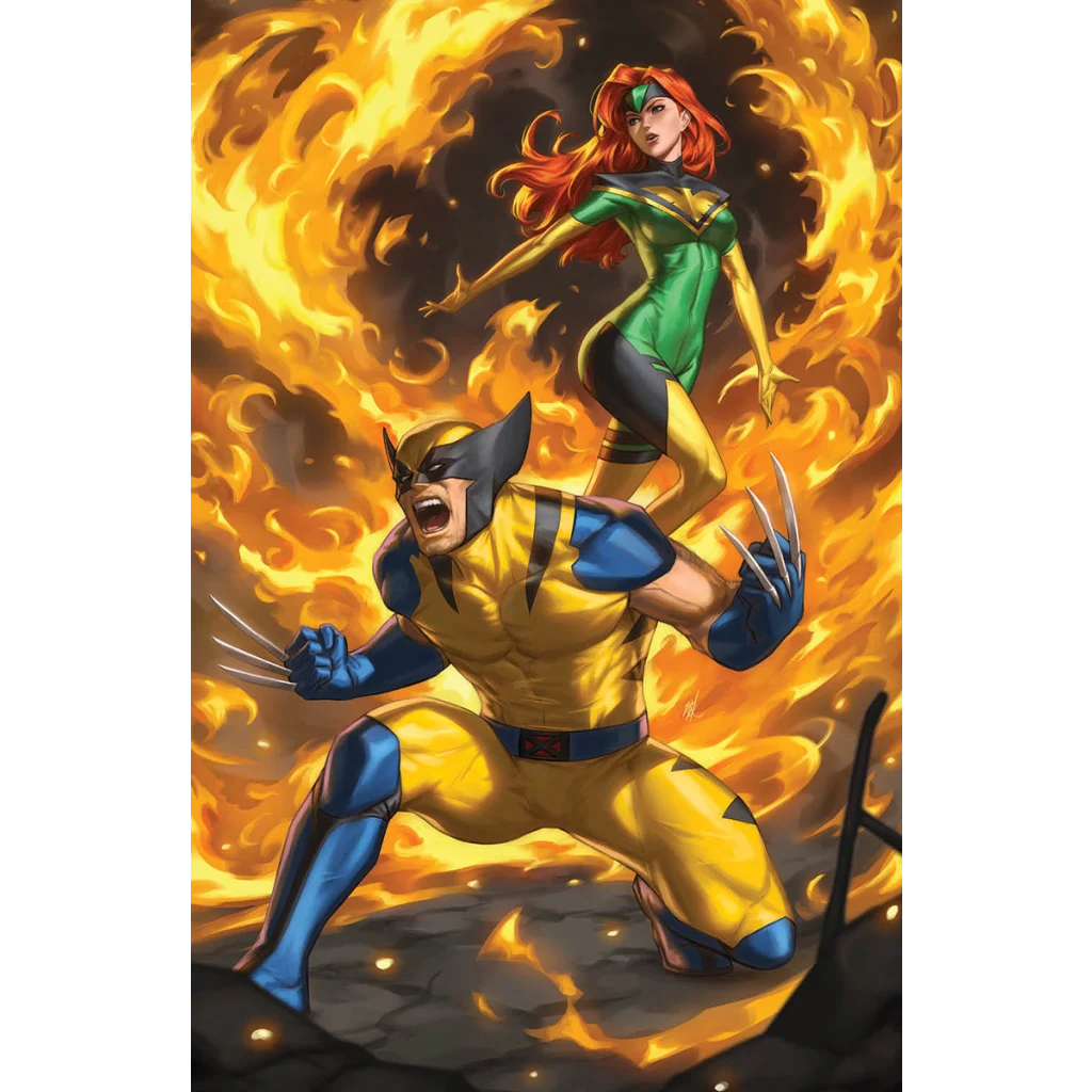 Wolverine and Jean Grey surrounded by fire on Unknown Comics Ejikure exclusive virgin cover