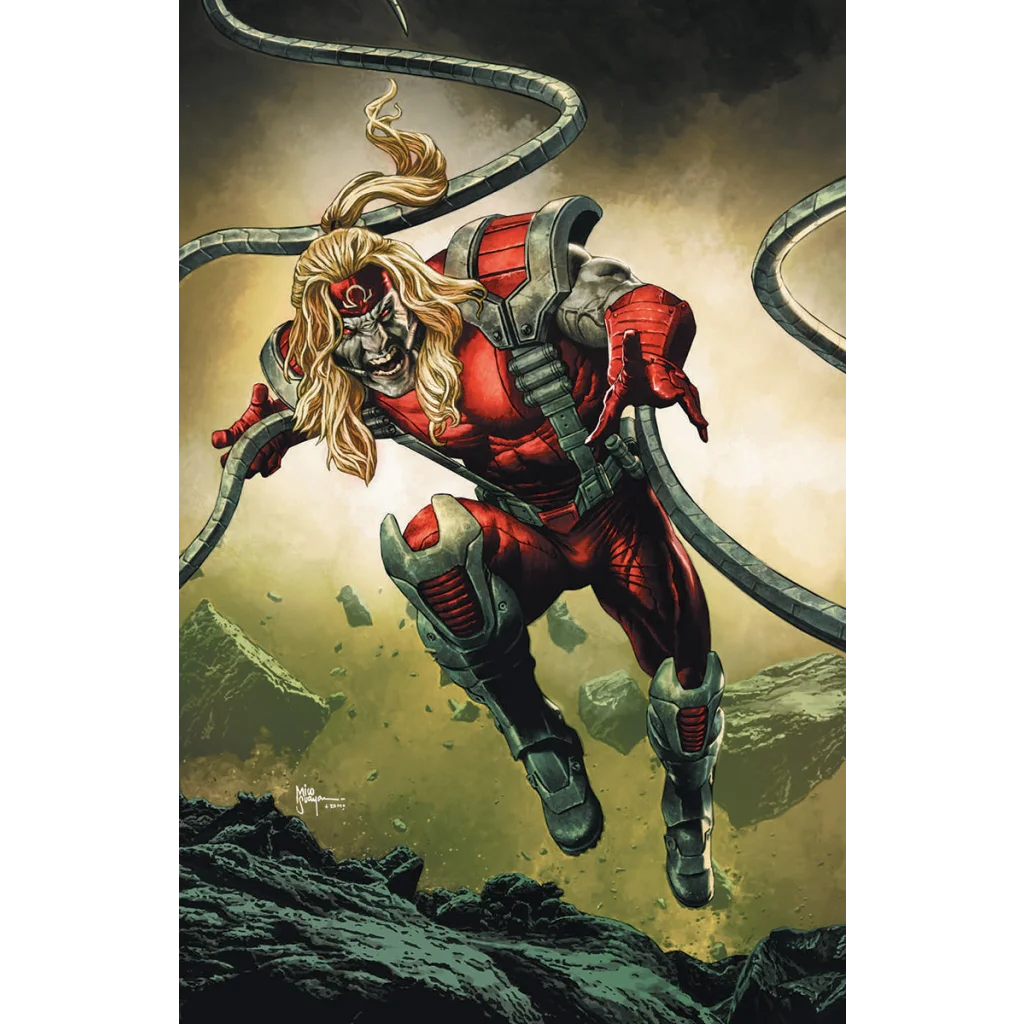 Comic book character with blonde hair, red and grey suit, metal tentacles by Mico Suayan