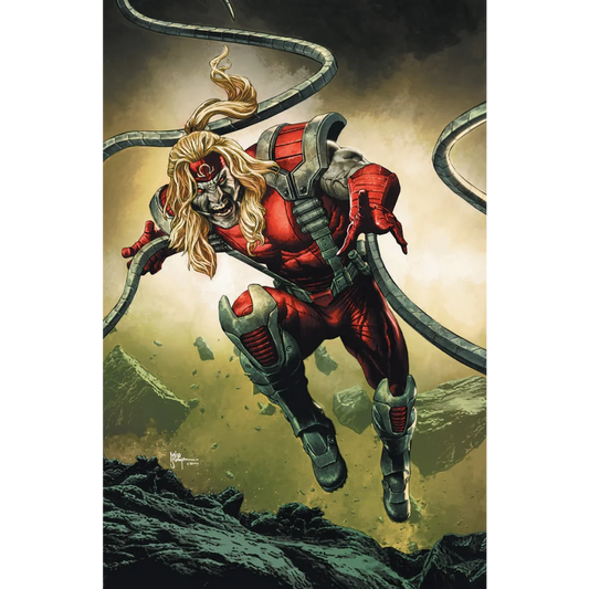 Comic book character with blonde hair, red and grey suit, metal tentacles by Mico Suayan