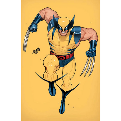 Wolverine in yellow and blue costume with claws extended on David Nakayama facsimile cover
