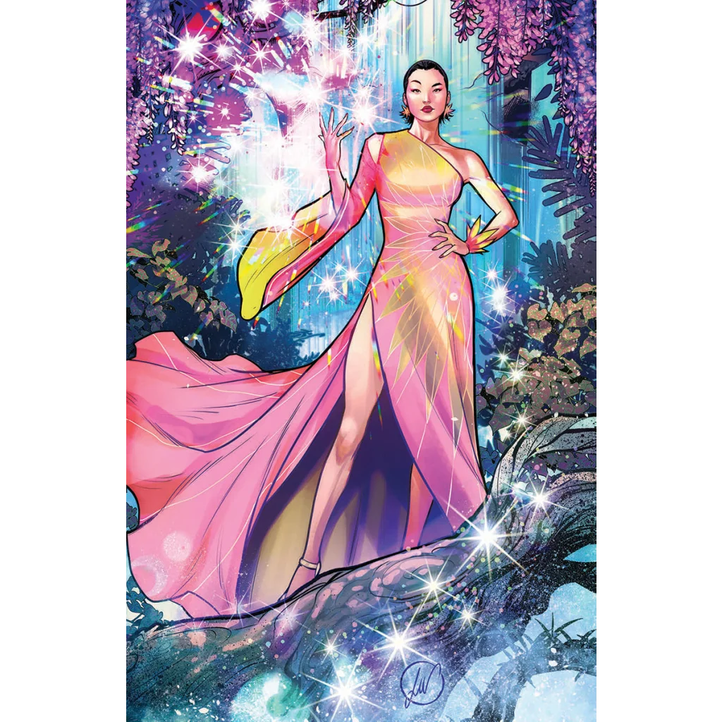 Woman in pink and yellow gown with sparkling magical effects from Wolverine Hellfire Gala Comic