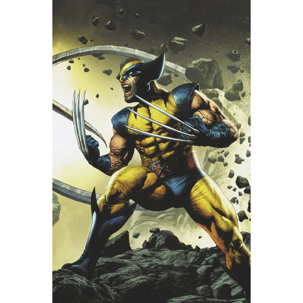 Comic book Wolverine with claws extended in yellow and blue, Red Band Mico Suayan explicit content variant