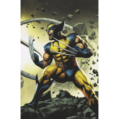 Comic book Wolverine with claws extended in yellow and blue, Red Band Mico Suayan explicit content variant