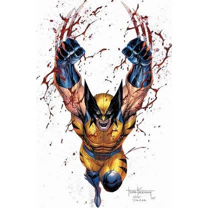 Comic book illustration of Wolverine with bloodied claws from WOLVERINE REVENGE Red Band Tyler Kirkham comics exclusive
