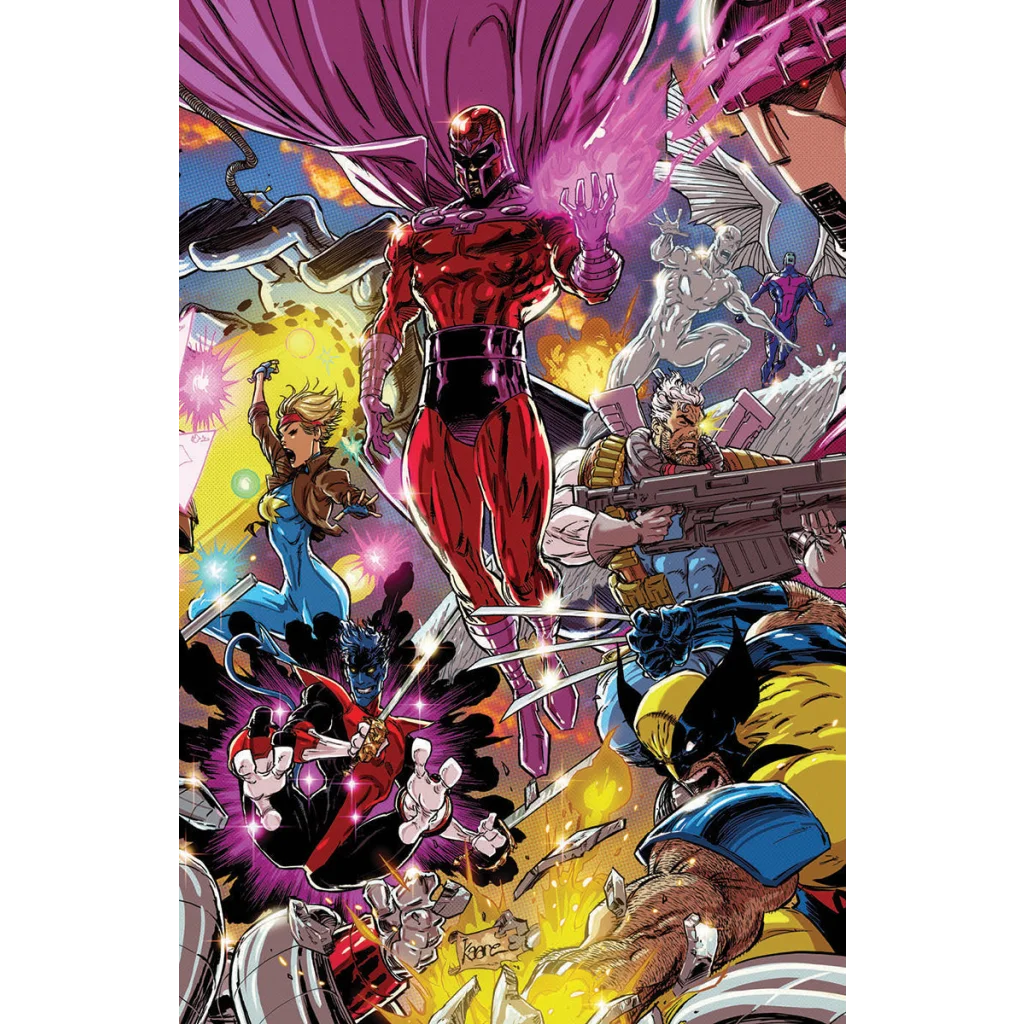 Colorful X-Men comic cover with Wolverine, Kaare Andrews, red band, explicit content
