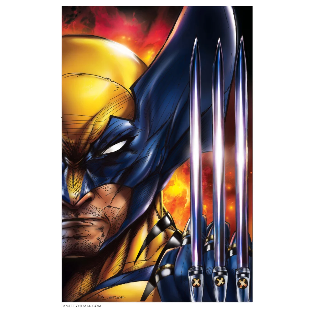 Blue and yellow Wolverine X-Men claws on brushed aluminum comic print