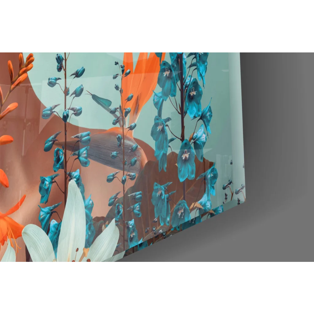 Vibrant turquoise orange abstract floral glass wall art print