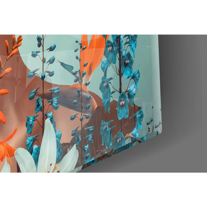 Vibrant turquoise orange abstract floral glass wall art print