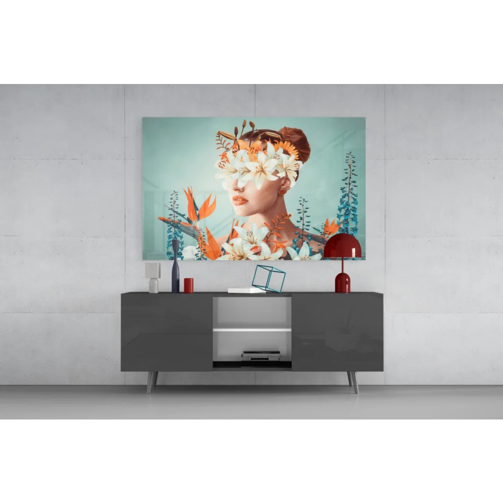 Vibrant floral woman portrait on glass wall art with white orange blossoms teal background