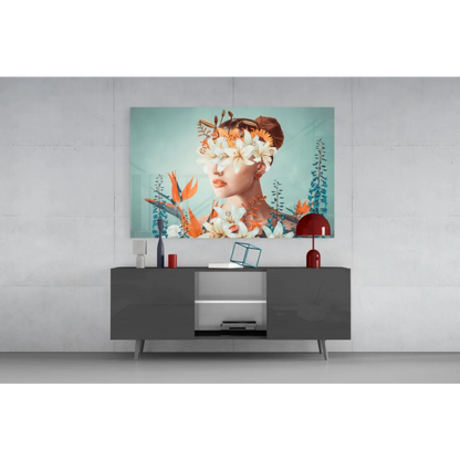 Vibrant floral woman portrait on glass wall art with white orange blossoms teal background
