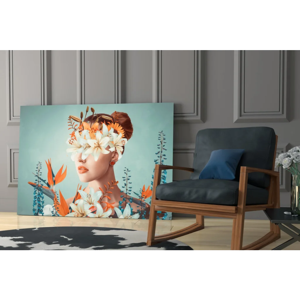 Vibrant glass wall art print of woman with white and orange flowers on teal background