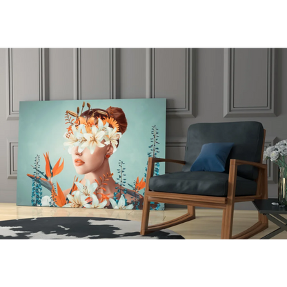 Vibrant glass wall art print of woman with white and orange flowers on teal background