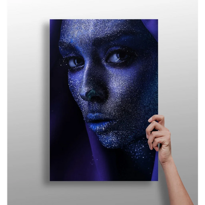 Sparkling blue glitter woman’s portrait on insigne aluminum print with vivid colors