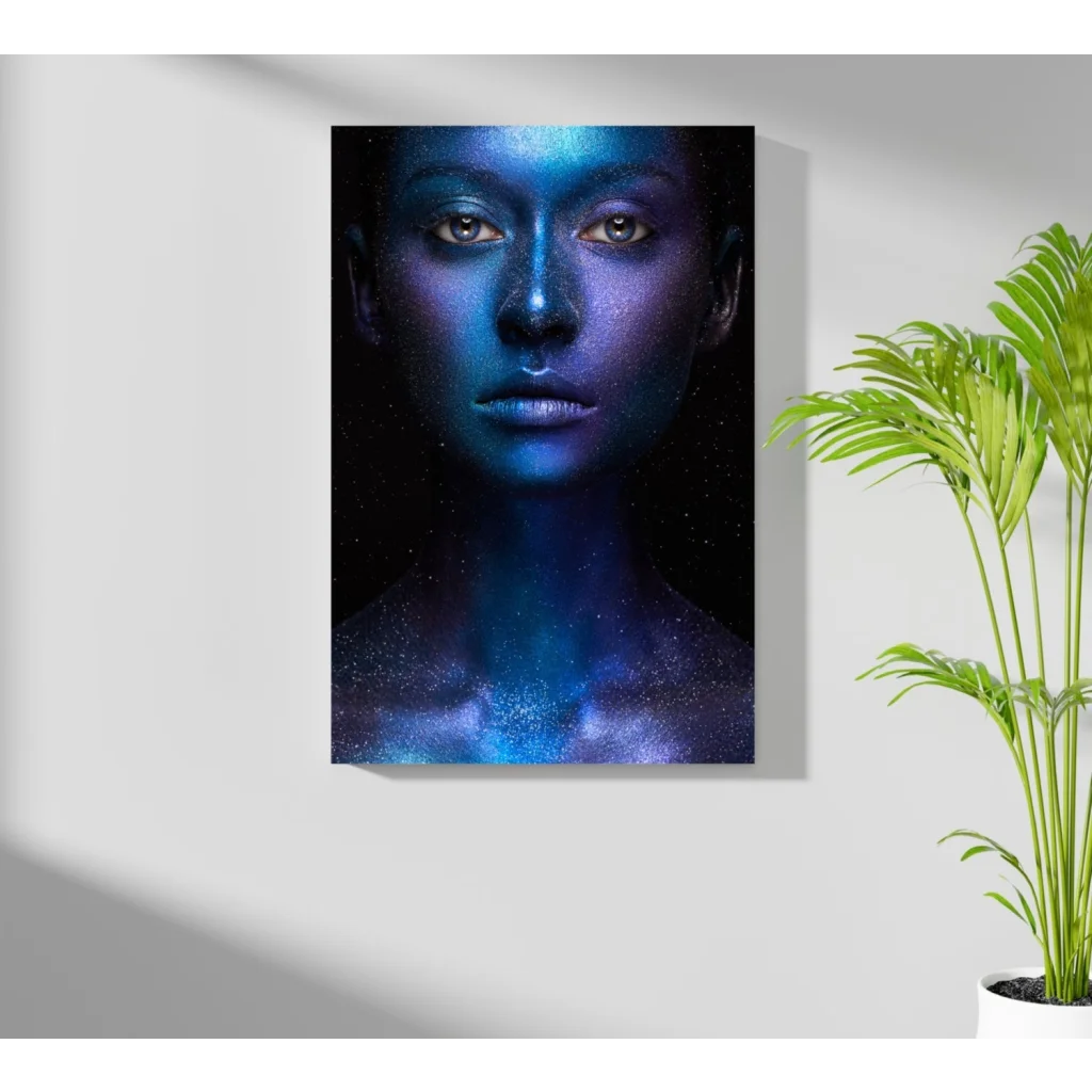 Cosmic galaxy woman on insigne aluminum prints, blue hues and stars
