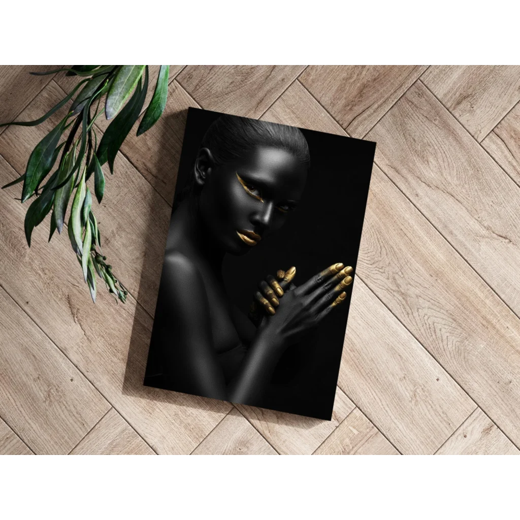 Stunning Black and Gold Woman Insigne Aluminum Print | Modern Wall Art Decor | vintageantiquesgifts.com