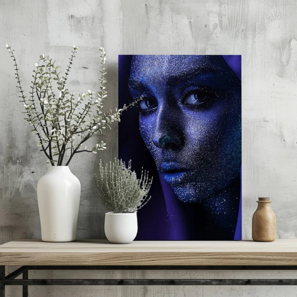 Sparkling blue glitter woman portrait on insigne aluminum print with vivid colors