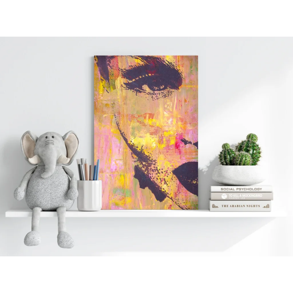 Vibrant abstract portrait on insigne aluminum prints with bold black strokes and warm hues