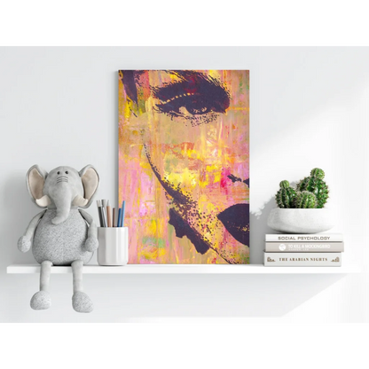 Vibrant abstract portrait on insigne aluminum prints with bold black strokes and warm hues