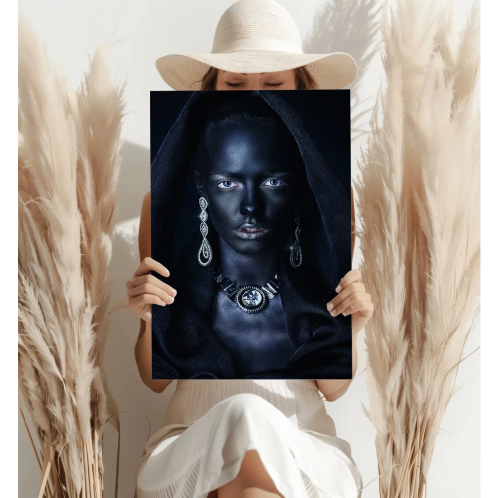 Stunning insigne aluminum print of black portrait woman in silver jewelry