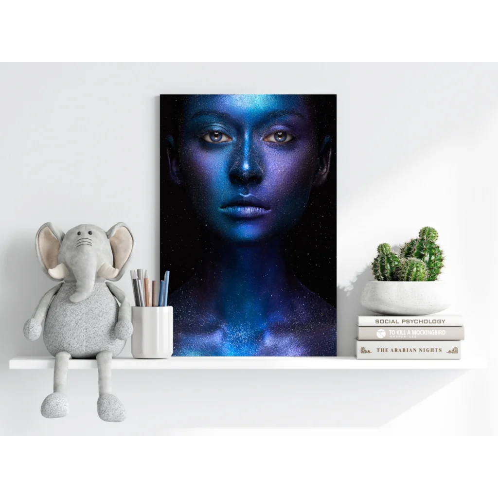 Cosmic woman face on insigne aluminum prints, starry blue hues
