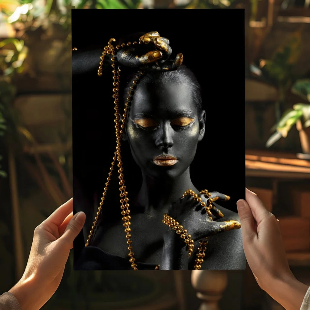 Insigne aluminum prints: black and gold portrait of woman with golden accents