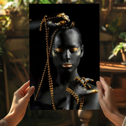 Insigne aluminum prints: black and gold portrait of woman with golden accents