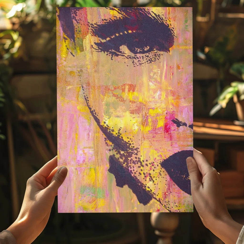 Vibrant abstract portrait on insigne aluminum print, bold purple yellow strokes with eye, held by hands
