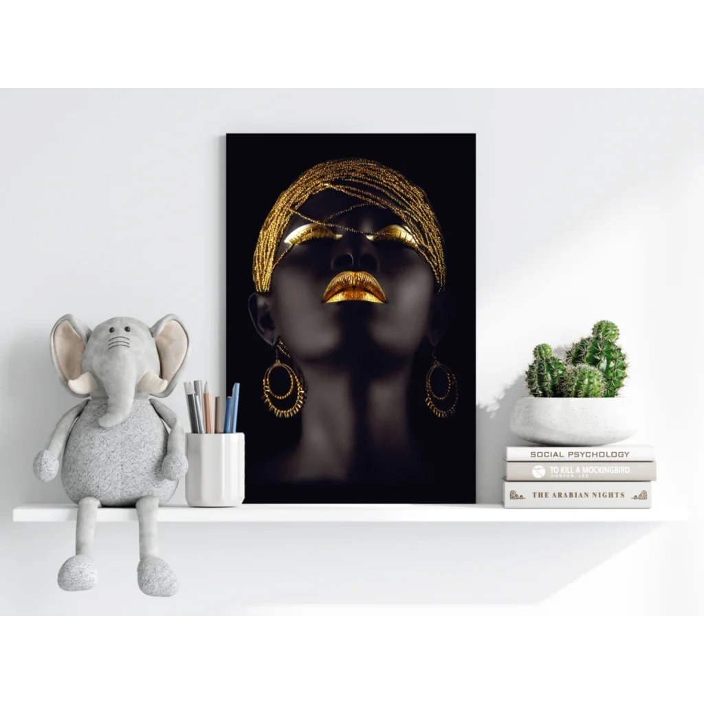 Golden Goddess insigne aluminum print of woman with gold facial accents