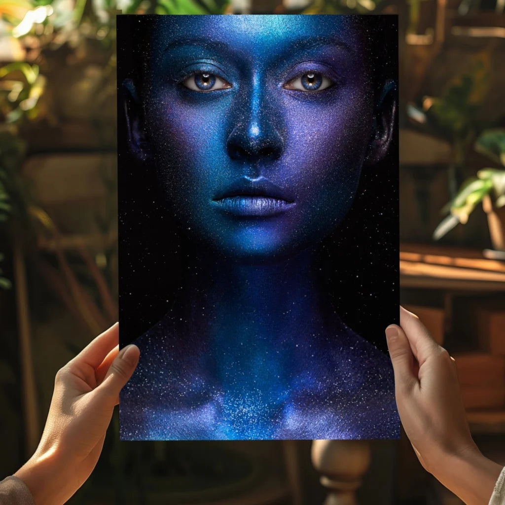 Cosmic Galaxy Woman on insigne aluminum prints with blue-purple makeup