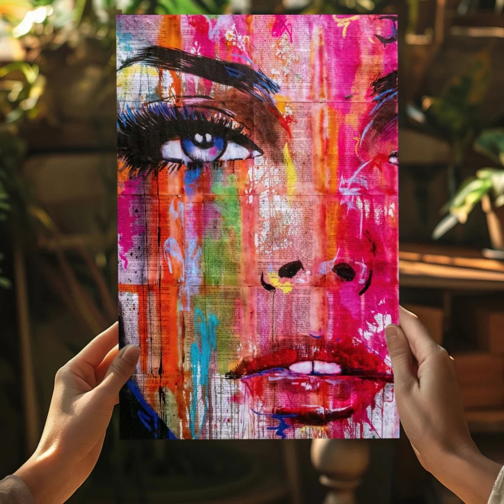 Vibrant abstract face on insigne aluminum print with colorful splatters and blue eye
