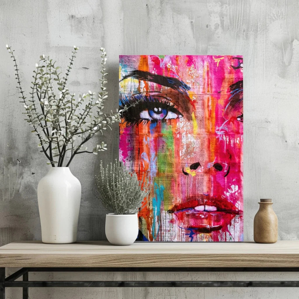 Vibrant abstract face on insigne aluminum prints in pink, orange, blue hues