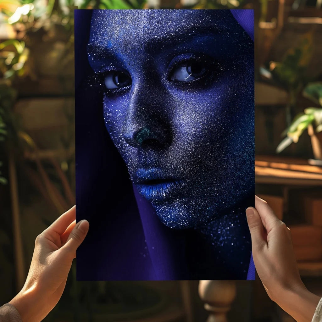 Sparkling blue glitter woman’s face portrait on Insigne Aluminum print