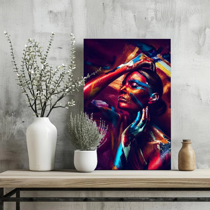 Vibrant abstract woman portrait on Insigne aluminum prints in bold red, blue, orange hues
