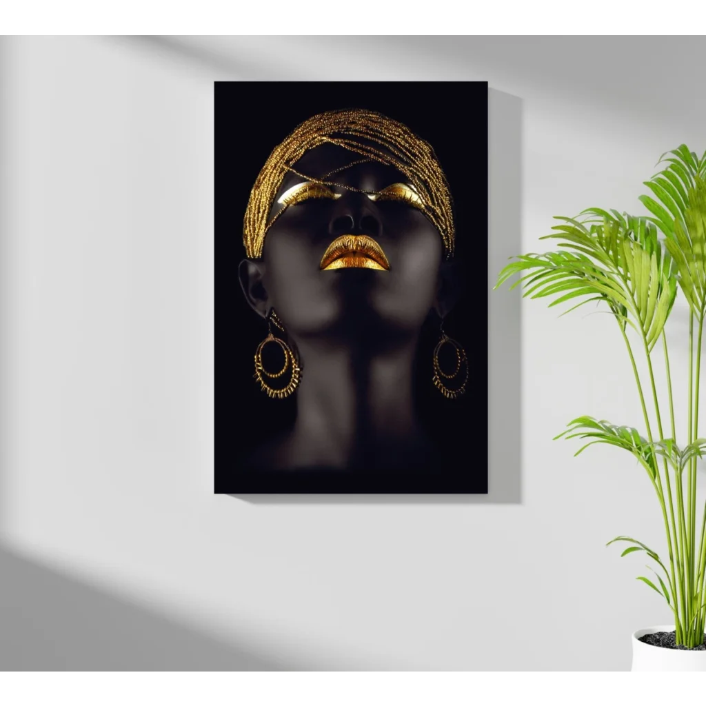 Golden Goddess Insigne Aluminum Print: black canvas art with gold accents