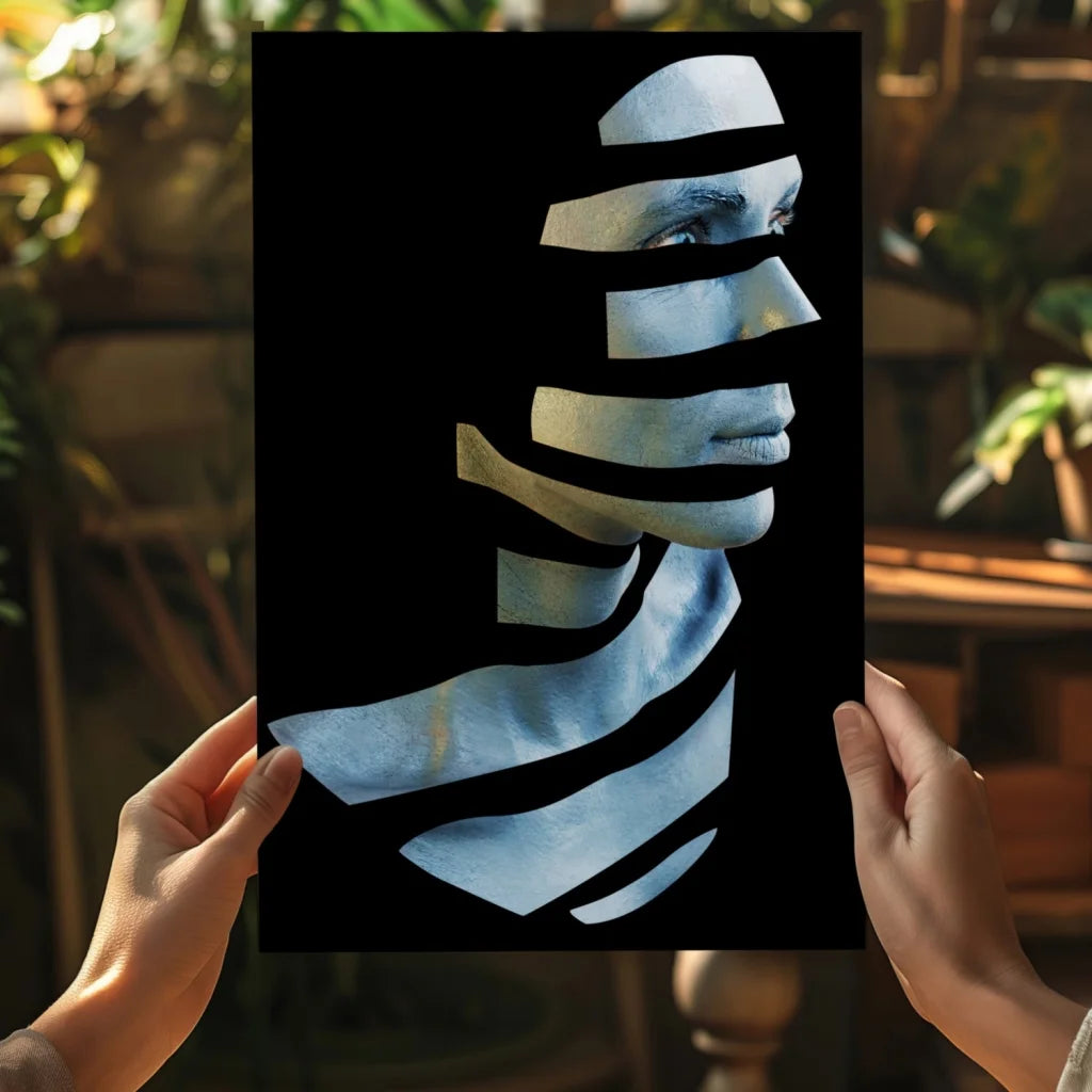 Stylized light blue woman portrait on Insigne aluminum prints with black frame