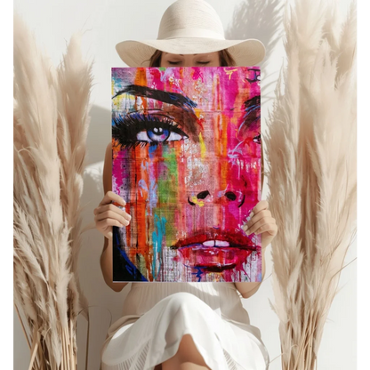 Vibrant abstract face on insigne aluminum prints in pink, orange, blue hues